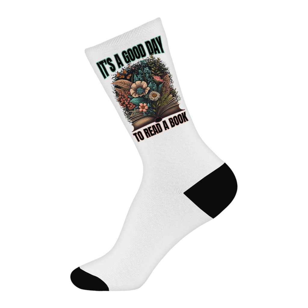 Book Lover Socks - Flower Design Novelty Socks - Themed Crew Socks