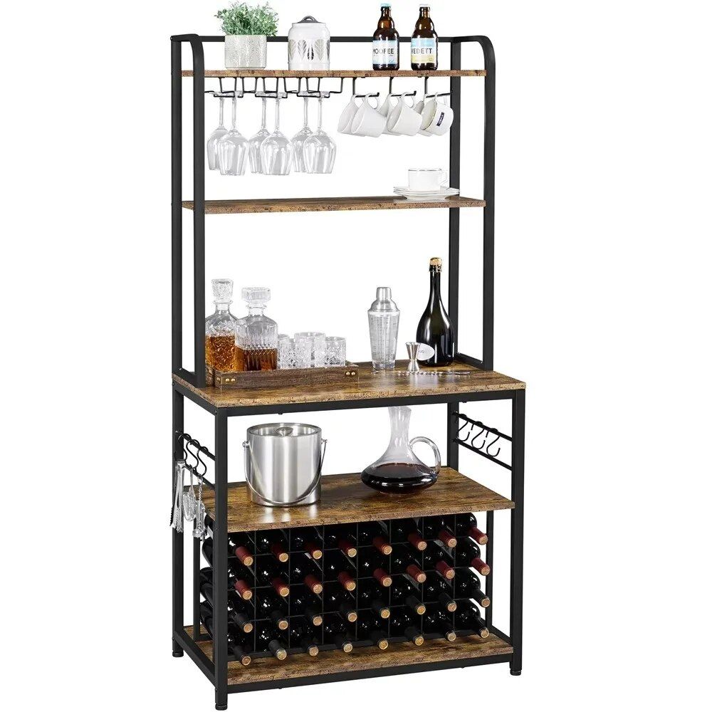 Rustic Brown 65" Wine Bakers Rack with Glass and Wine Storage for Home Bar