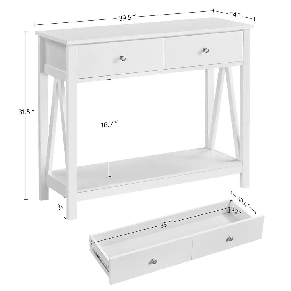 Elegant White Wooden Console Table with Drawers and Shelf