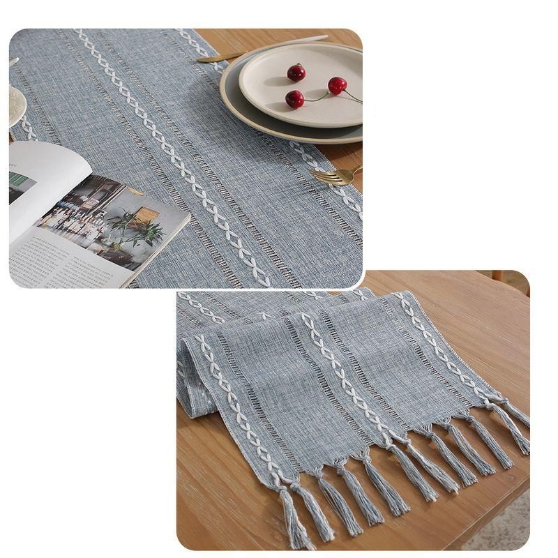 Bohemian Chic Woven Cotton Linen Table Runner with Handmade Tassels