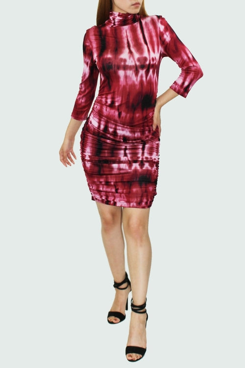 Tie dye turtle neck 3/4 sleeve dress Red