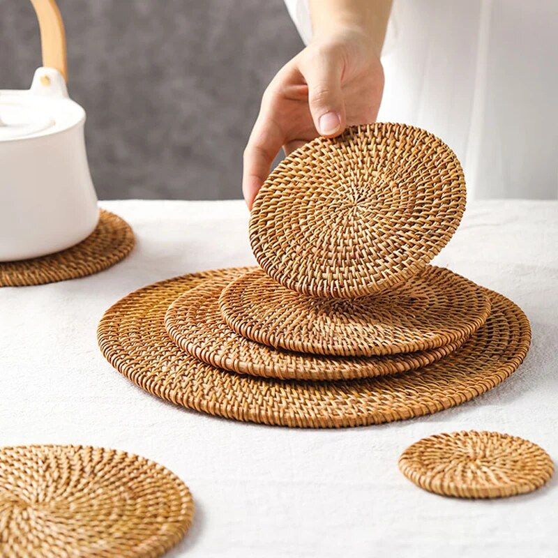 Versatile Natural Rattan Coasters - Handwoven, Heat Resistant, Multi-Size