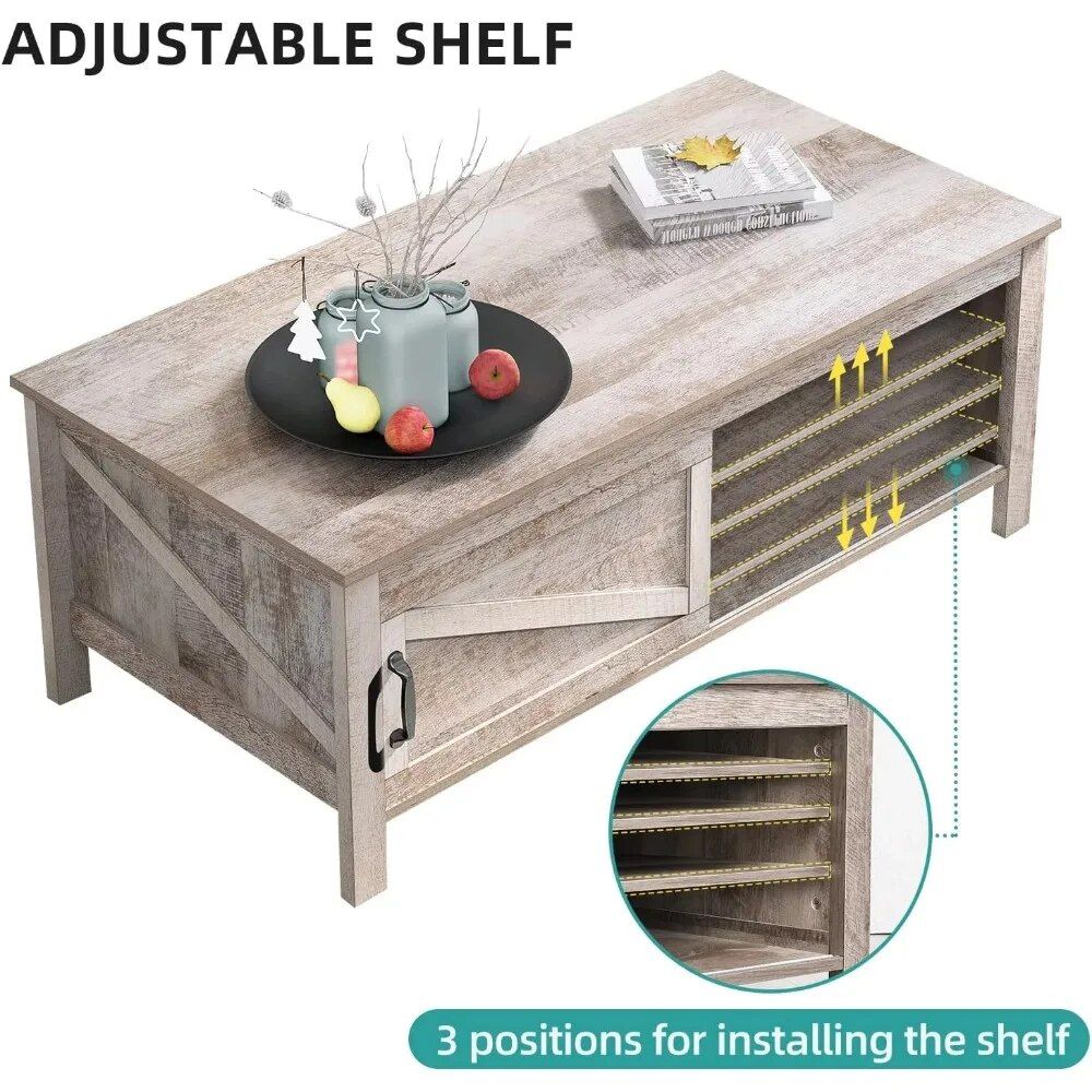 Rustic Gray Wood Coffee Table with Sliding Door and Adjustable Shelf