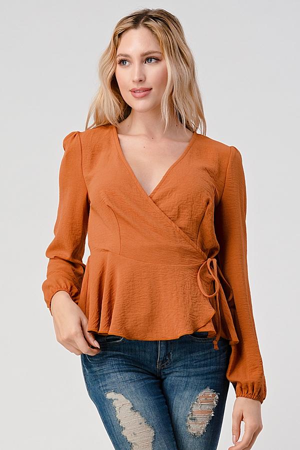 Surplice Tie Waist Long Sleeves Peplum Hem Blouse