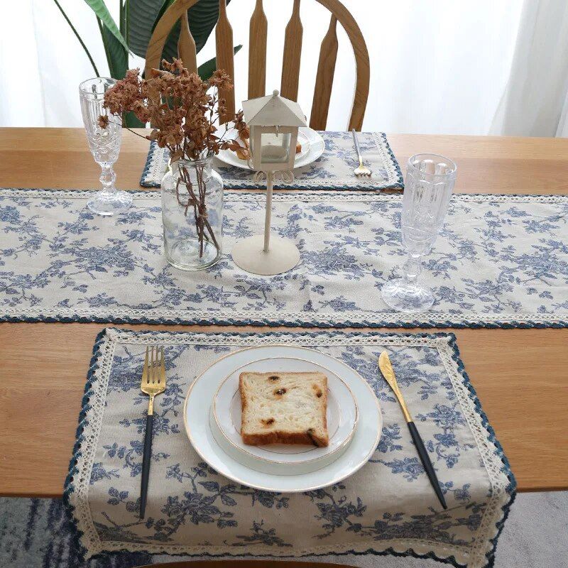 Elegant French Pastoral Blue Floral Table Mat - Waterproof, Cotton-Linen Blend Home Decor