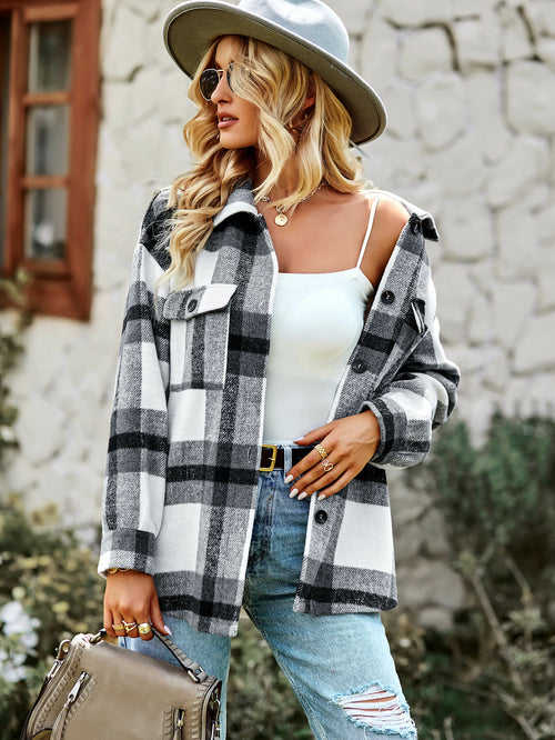 Plaid Dropped Shoulder Shirt Jacket with Breast Pockets