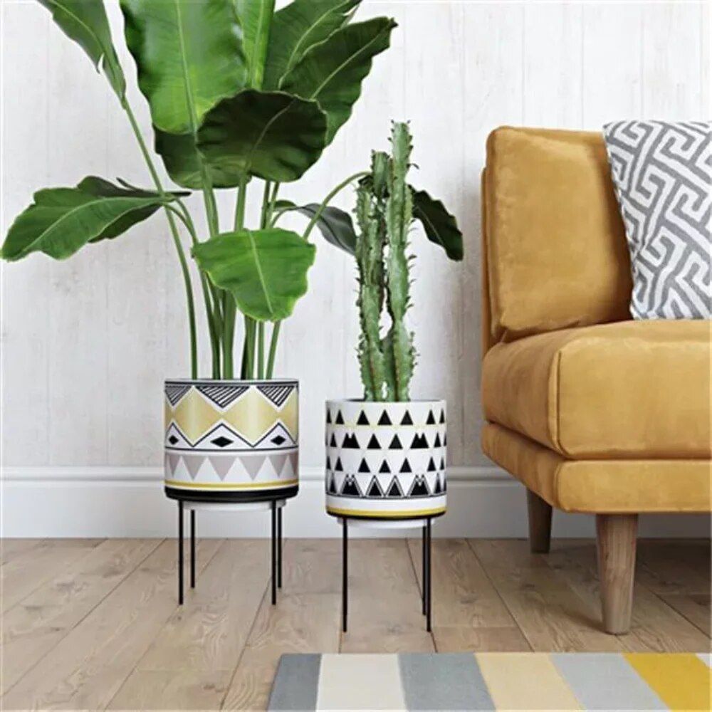 Mid-Century Modern Round Ceramic Planters with Metal Stand