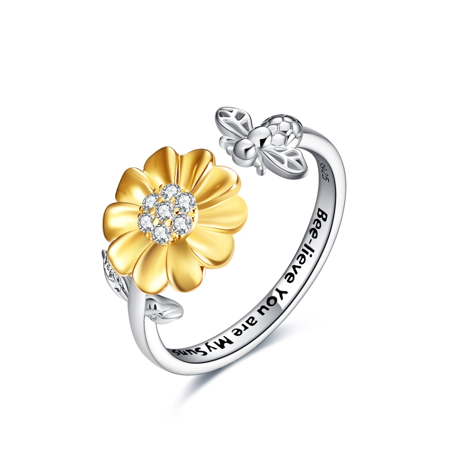 Sterling Silver Sunflower with Bee-live You Are My Sunshine Open