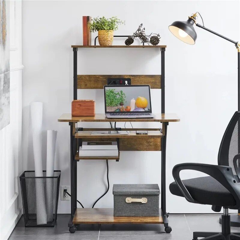 Multi-Functional 3-Tier Computer Desk with Charging Station & Printer Shelf