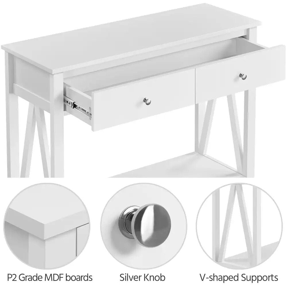 Elegant White Wooden Console Table with Drawers and Shelf