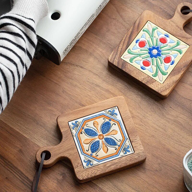 Acacia Wood and Colorful Tile Trivet - Multipurpose Anti-Scald Pot Mat and Drink Coaster