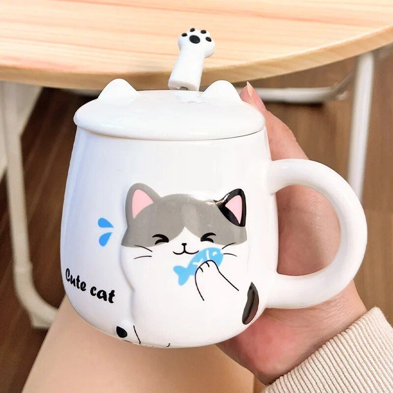 Cute Cartoon Cat Ceramic Mug with Lid and Spoon - Perfect for Office and Home Use