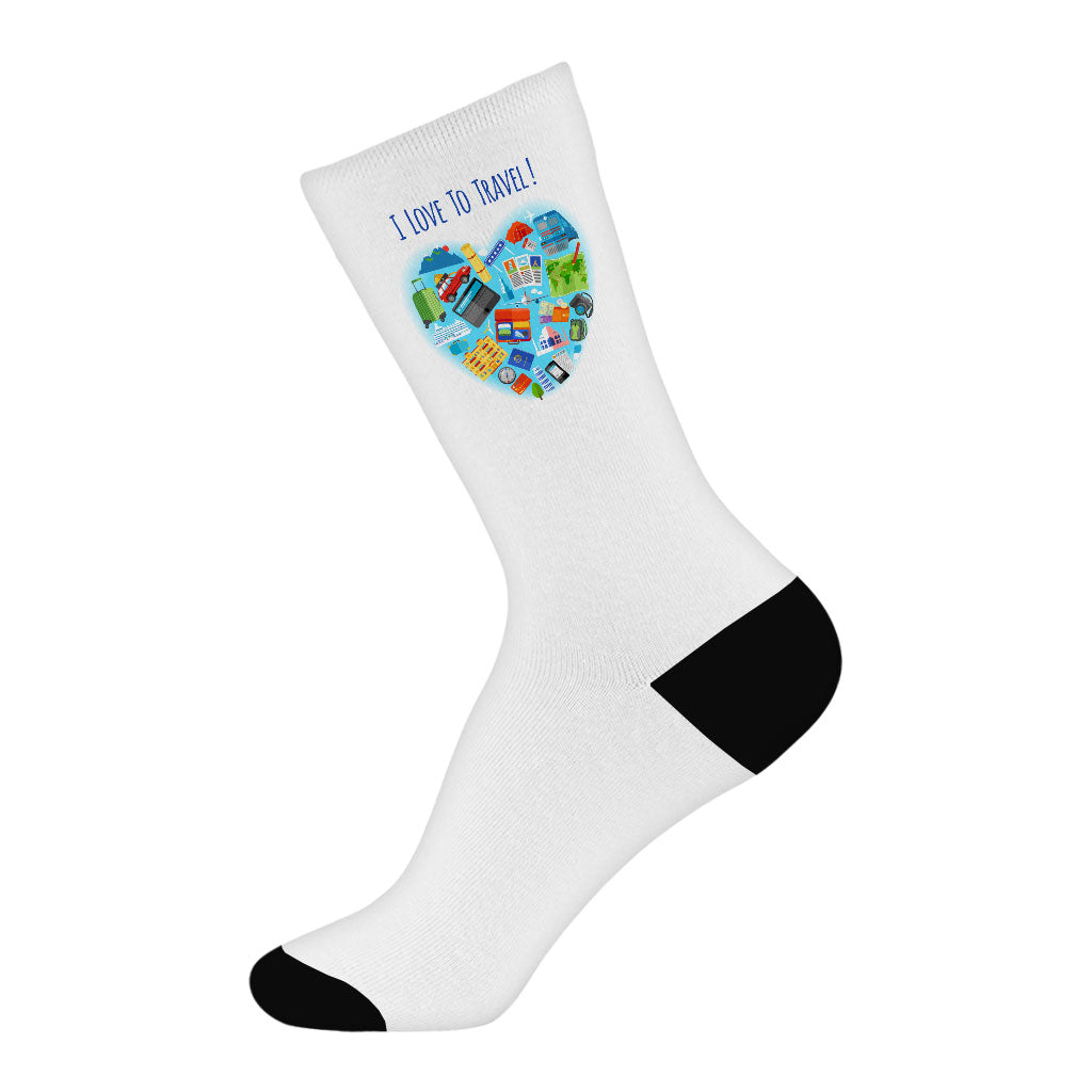 I Love to Travel Socks - Heart Novelty Socks - Colorful Crew Socks