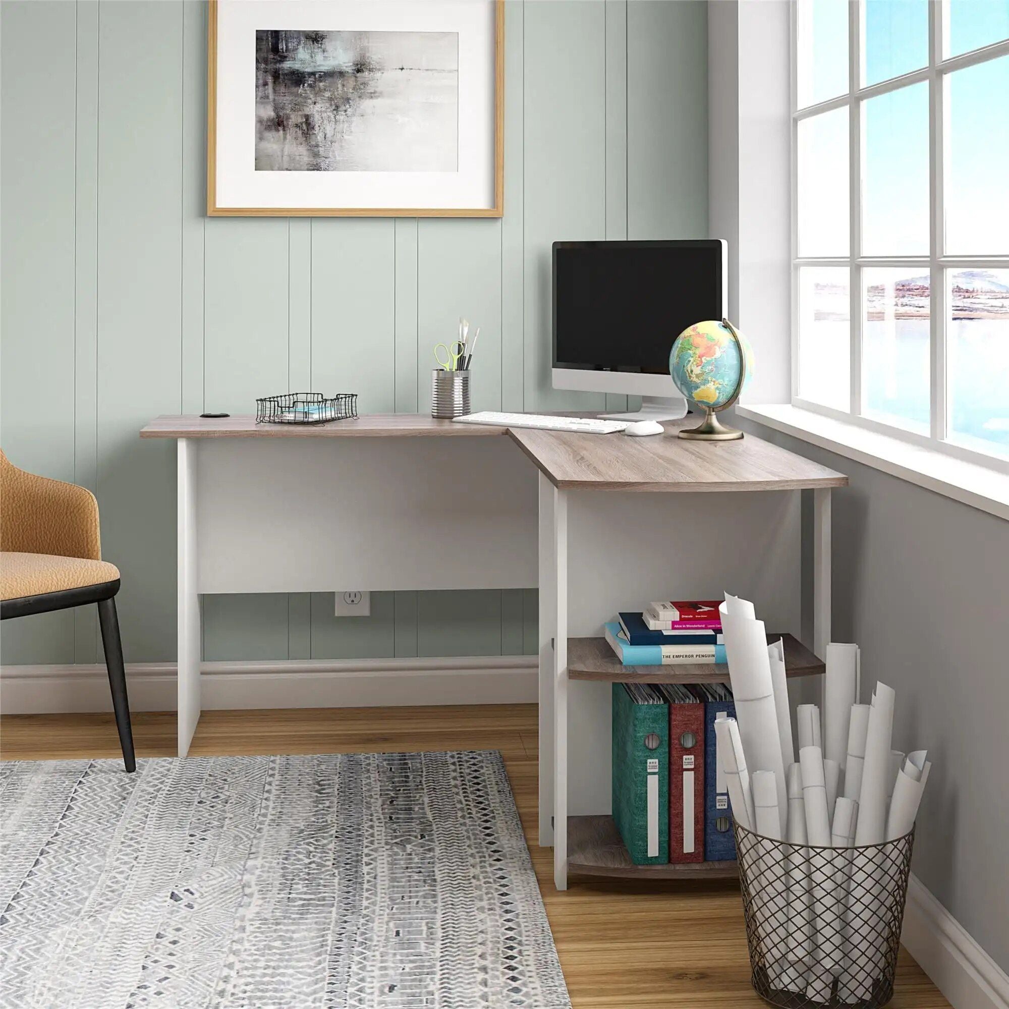 Efficient L-Shaped Black Oak Desk with Bookshelves for Home Office