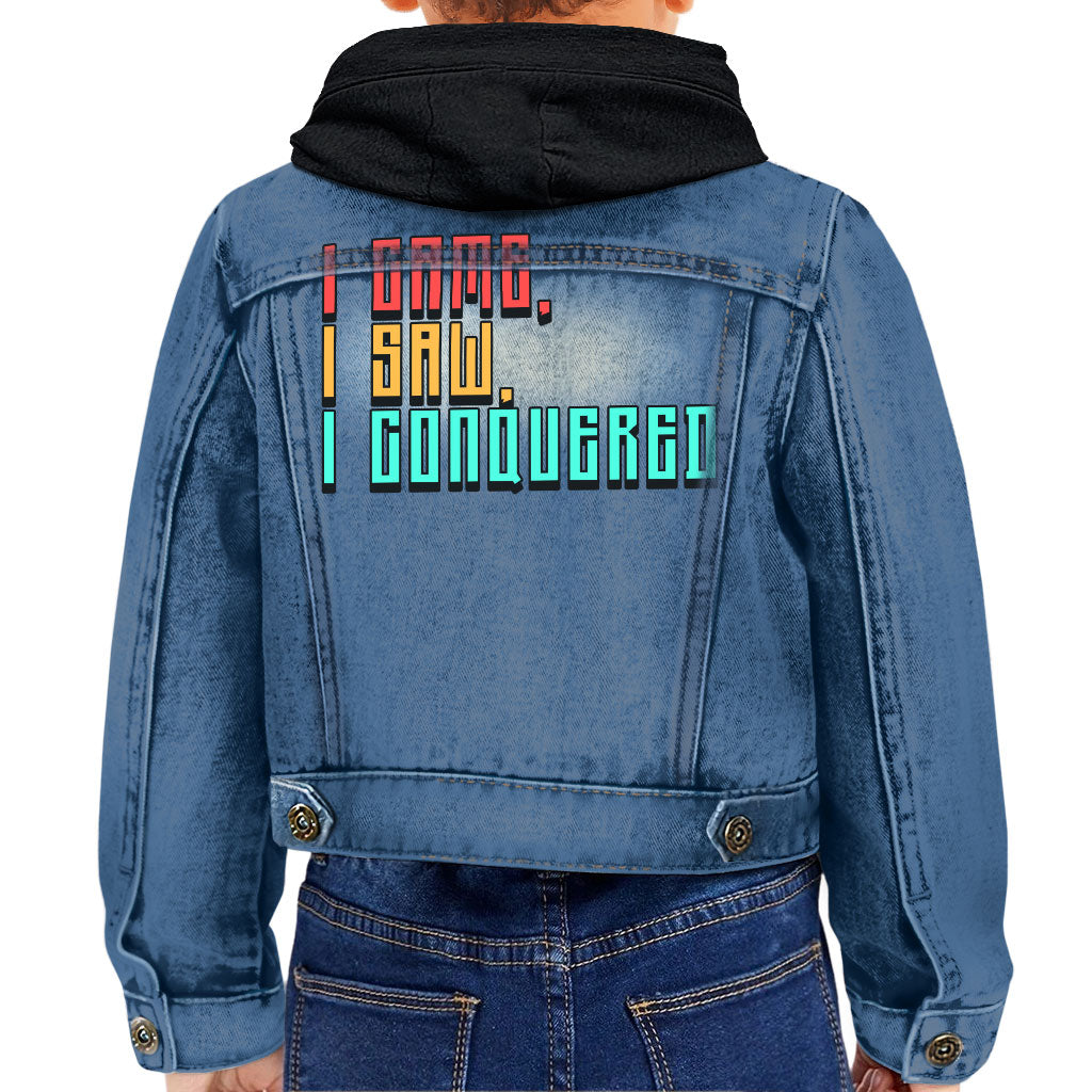 I Came I Saw I Conquered Toddler Hooded Denim Jacket - Cool Jean Jacket - Best Selling Denim Jacket for Kids