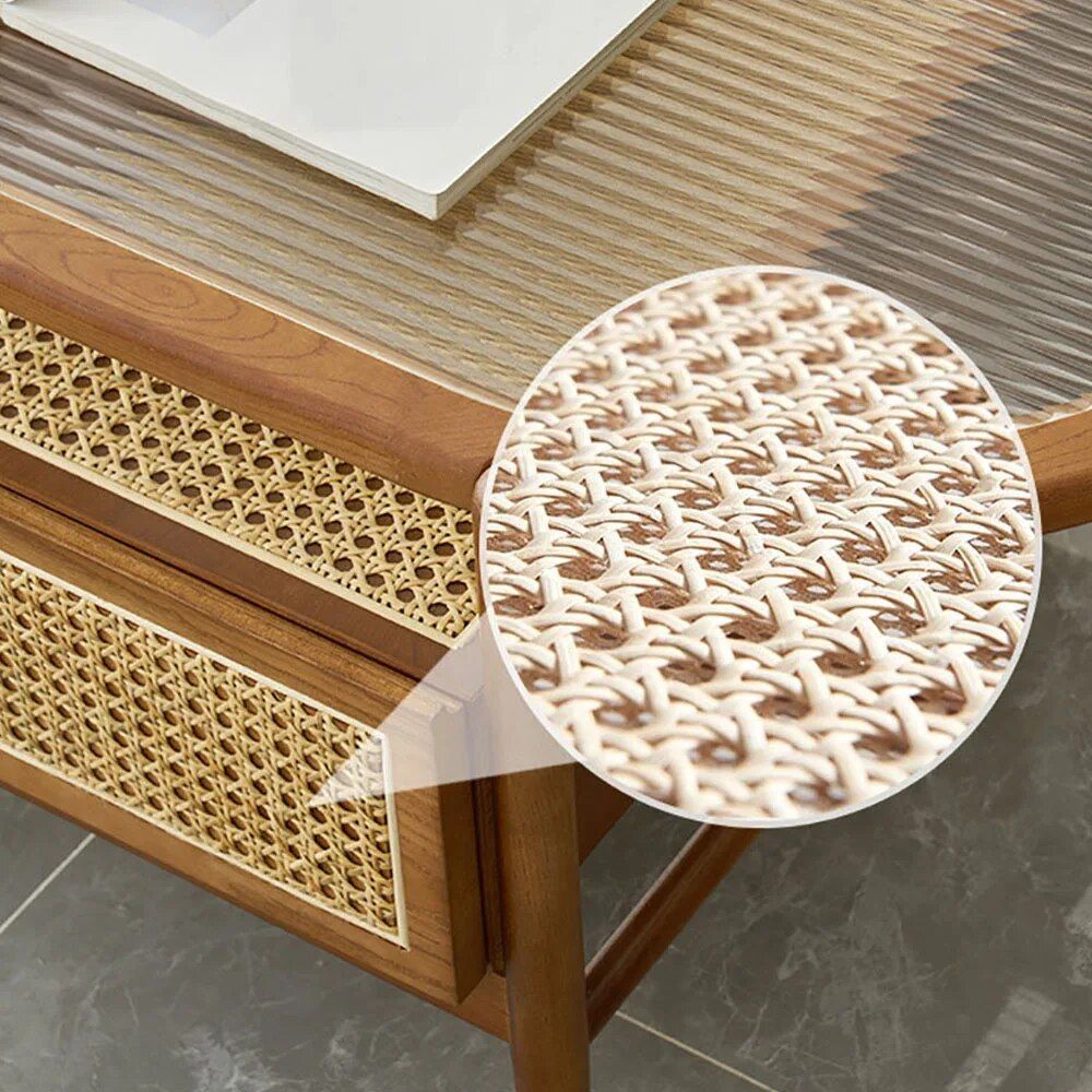 Modern Oval Ash Wood Tea Table with Rattan Weave and Storage