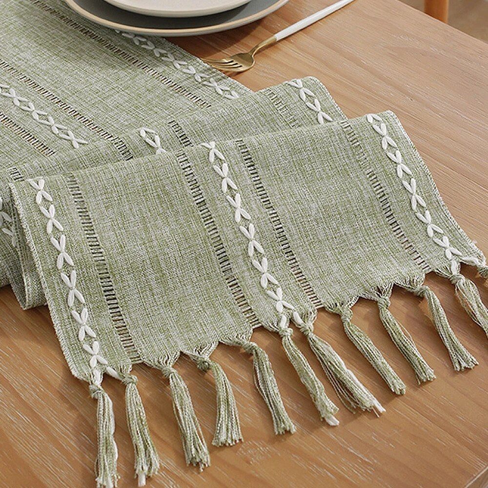 Bohemian Chic Woven Cotton Linen Table Runner with Handmade Tassels