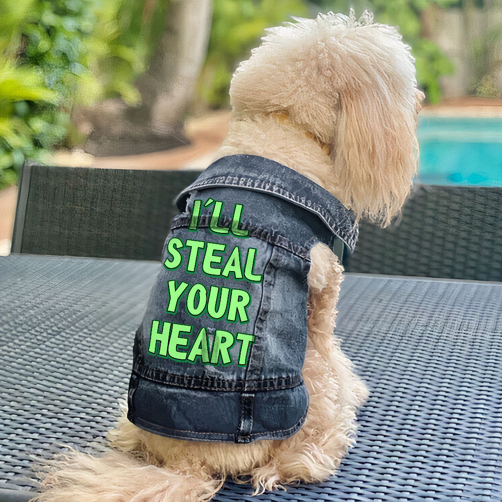 I'll Steal Your Heart Dog Denim Vest - Art Print Dog Denim Jacket - Word Design Dog Clothing