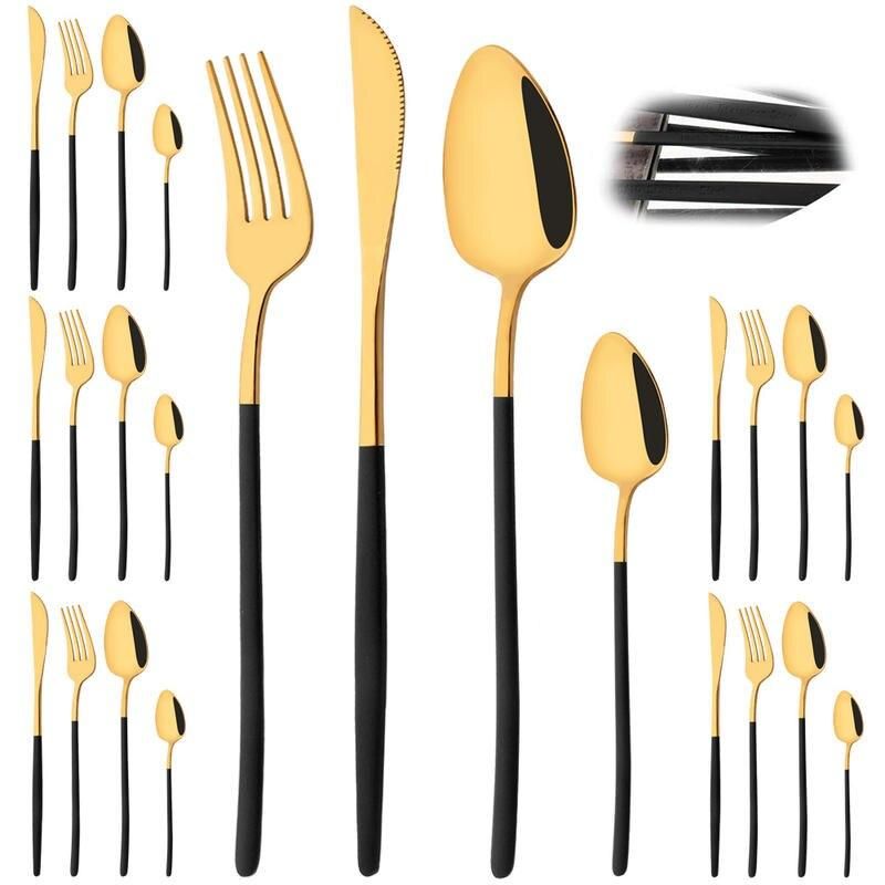 Luxurious 24-Piece Mirror Gold Dinnerware Set, 18/10 Stainless Steel Cutlery