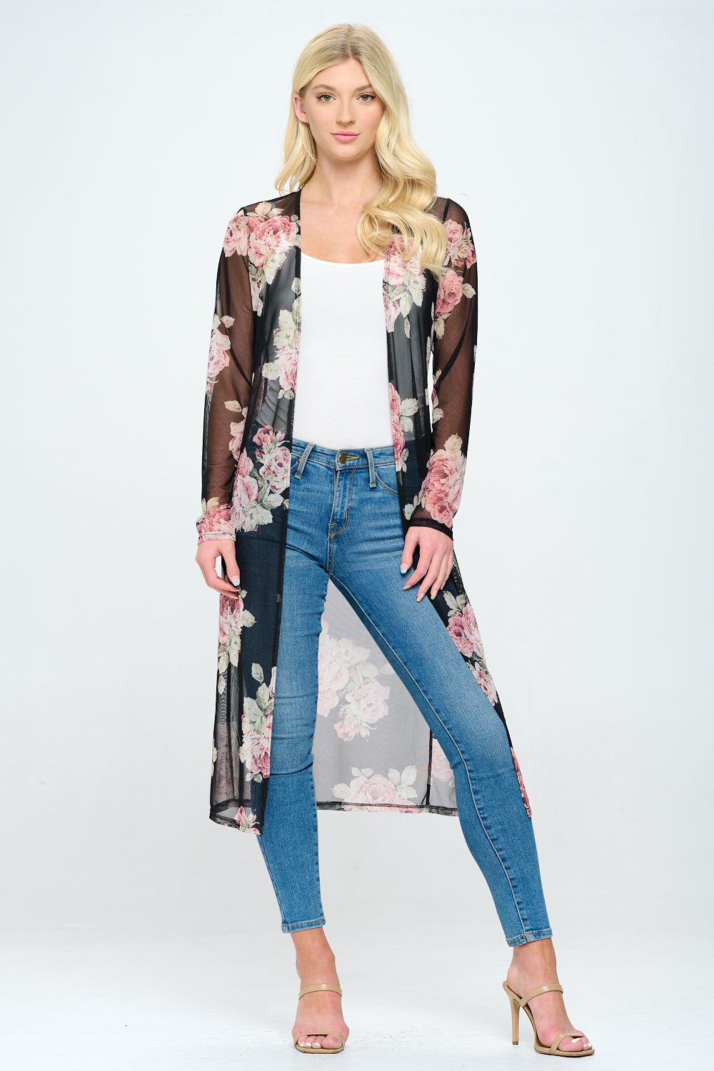 Floral long line mesh floral duster