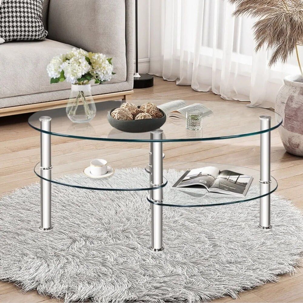 Elegant Oval Glass Coffee Table with Dual Storage Shelves and Metal Legs