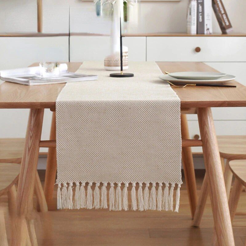 Hand-Woven Cotton Linen Table Runner with Tassels