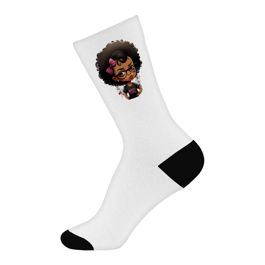 Cute Anime Black Girl Socks - Graphic Novelty Socks - Cartoon Crew Socks