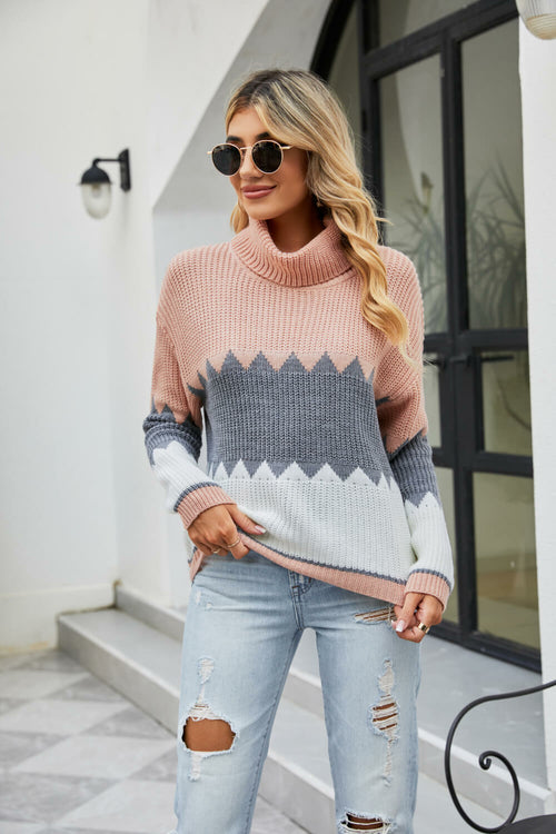 Color Block Rib-Knit Turtleneck Dropped Shoulder Women's Sweater