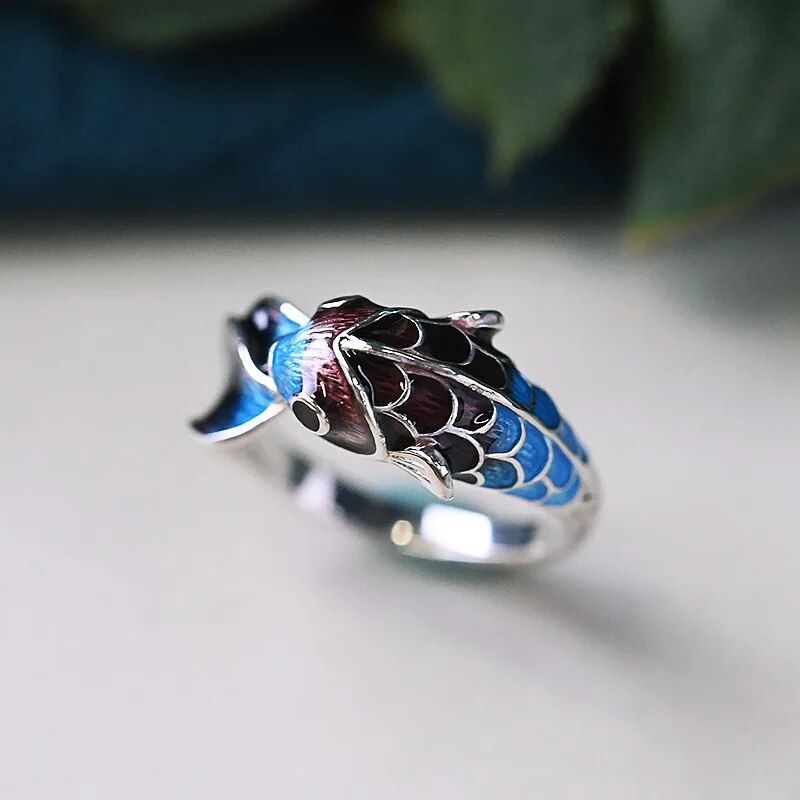 Elegant Silver Enamel Koi Fish Adjustable Ring - Sparkling Cocktail Jewelry for Women