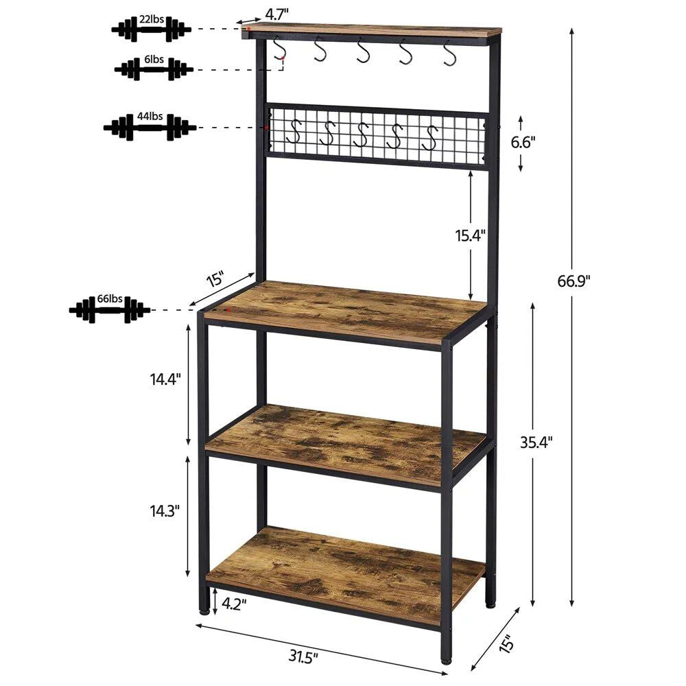 67" Rustic Brown Wooden Kitchen Bakers Rack with Storage Shelves & Hooks