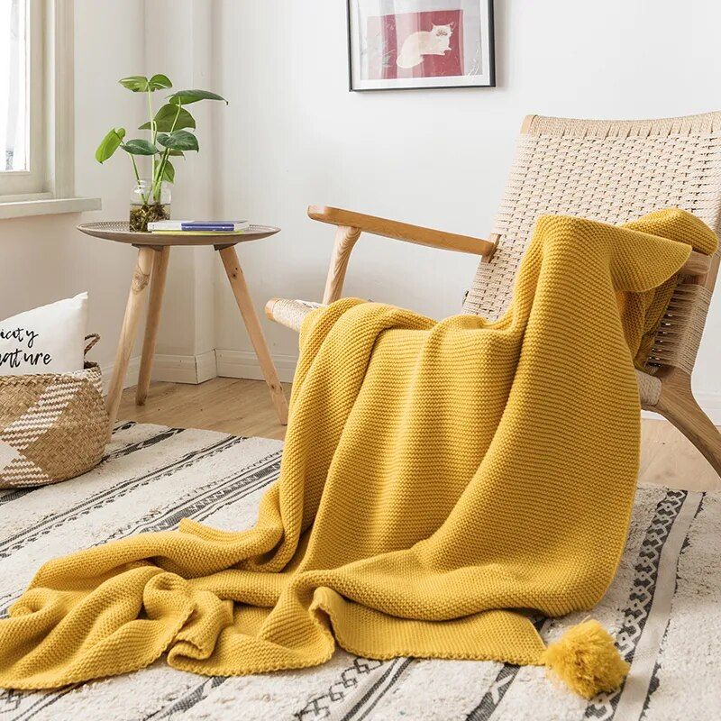 Mustard Yellow Luxury Knit Throw Blanket with PomPom Tassels