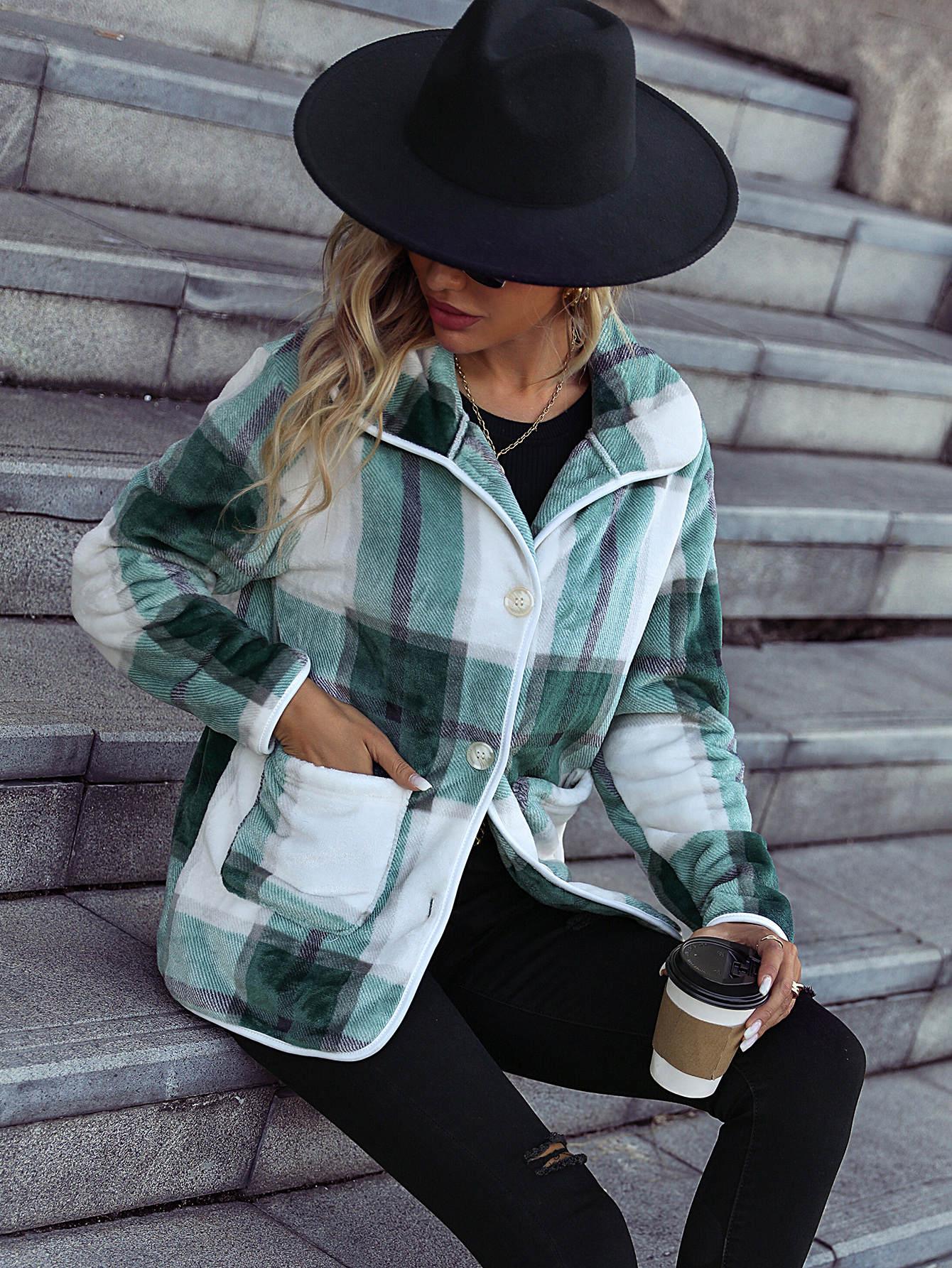 Plaid Collared Neck Brushed Jacket