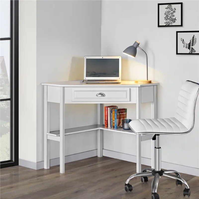 White Corner Writing Desk with Storage Drawer and Shelves