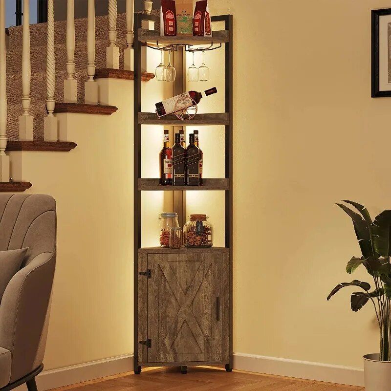 5-Tier Industrial Corner Bookcase with Wine Glass Holder