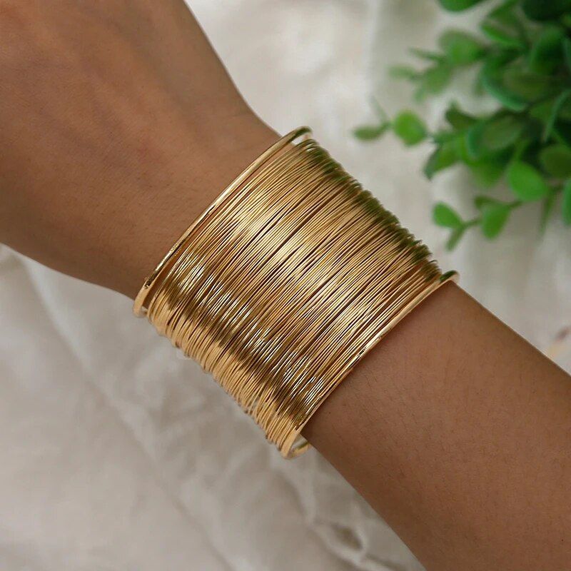 Gold-Plated Geometric Cuff Bangle - Women's Bohemian Wide Wire Statement Jewelry