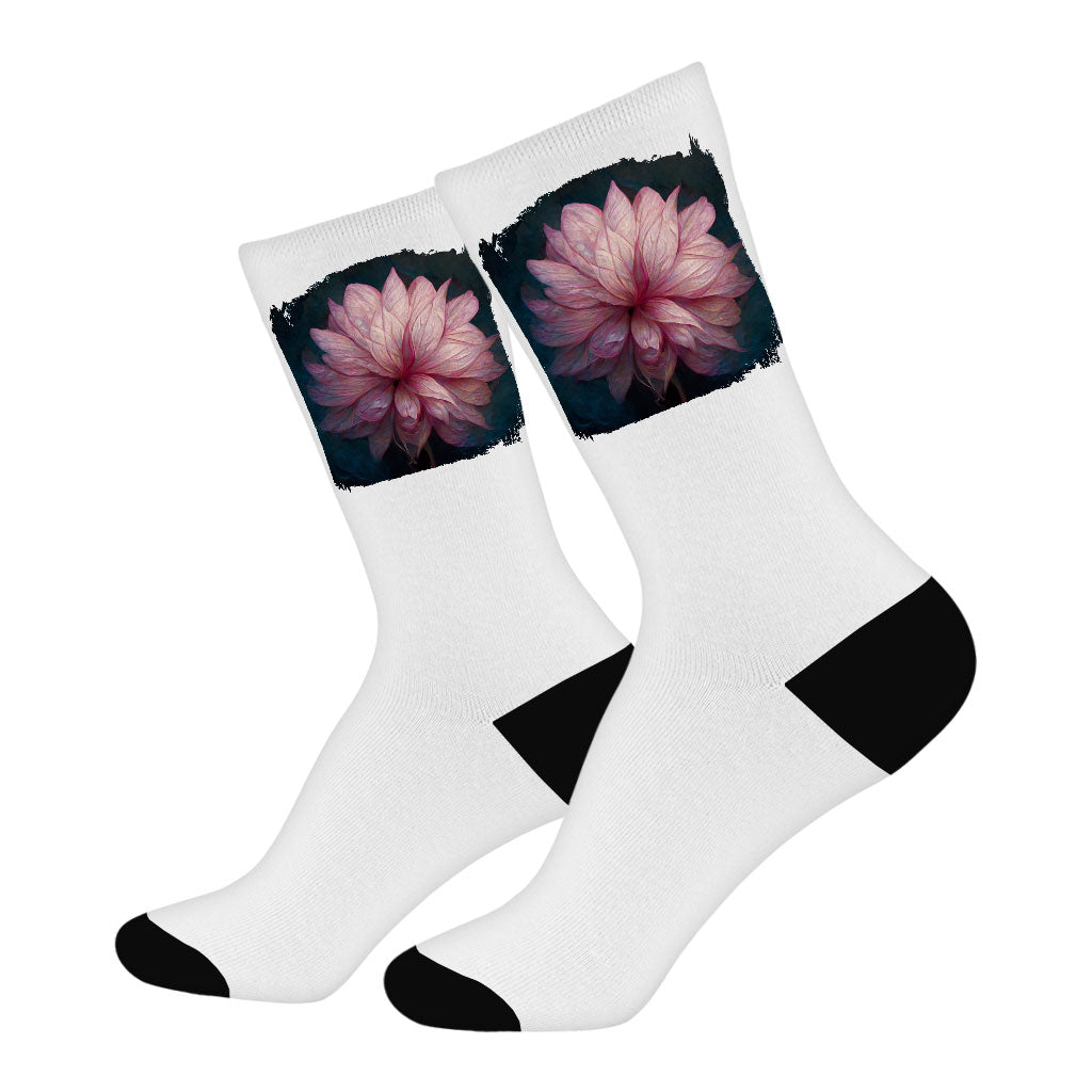 Dahlia Flower Painting Socks - Nature Novelty Socks - Unique Crew Socks