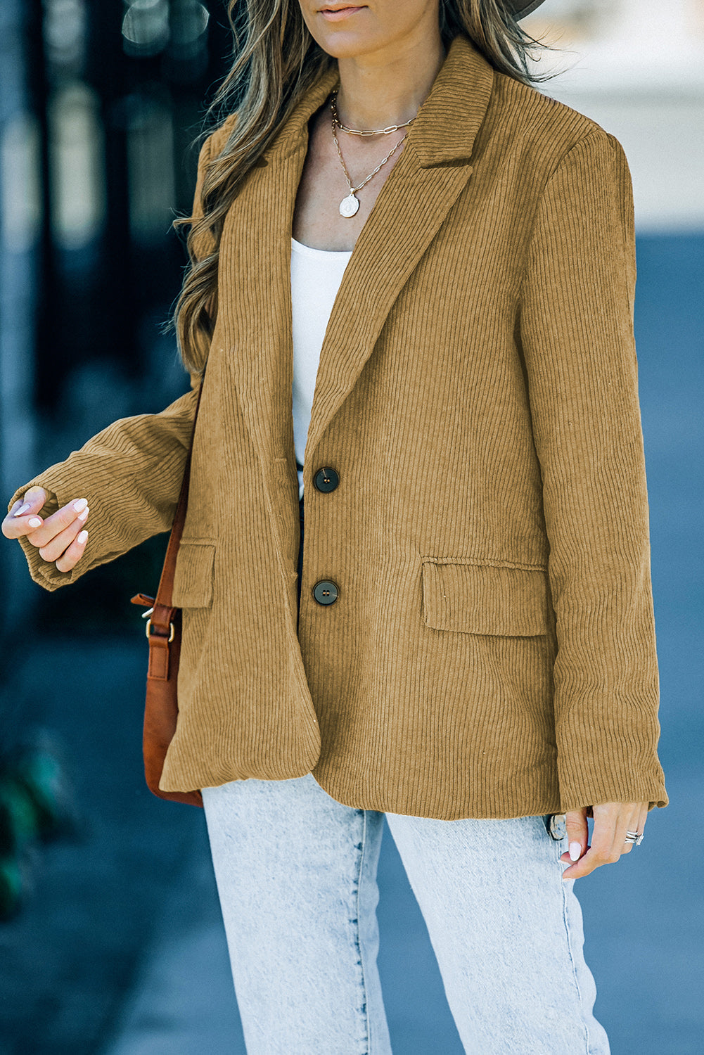 Back Slit Lapel Collar Corduroy Women's Jacket