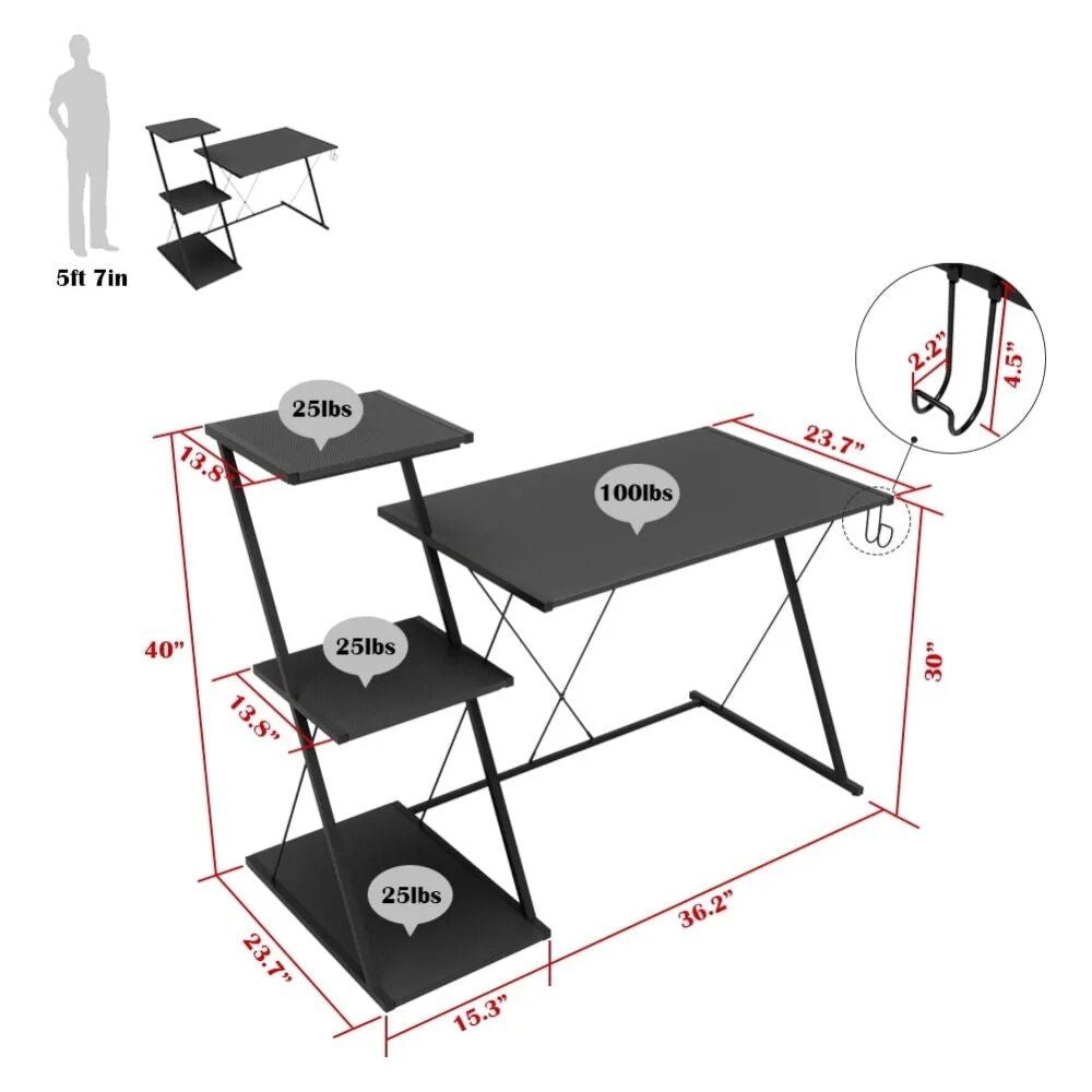 51" Z-Shaped Gaming Desk with 3-Tier Shelf and Headset Hook