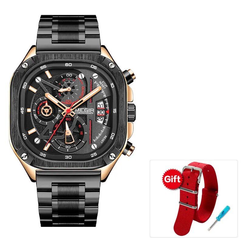 Waterproof Black Quartz Square Dial Men's Wristwatch with Chronograph & Luminous Hands