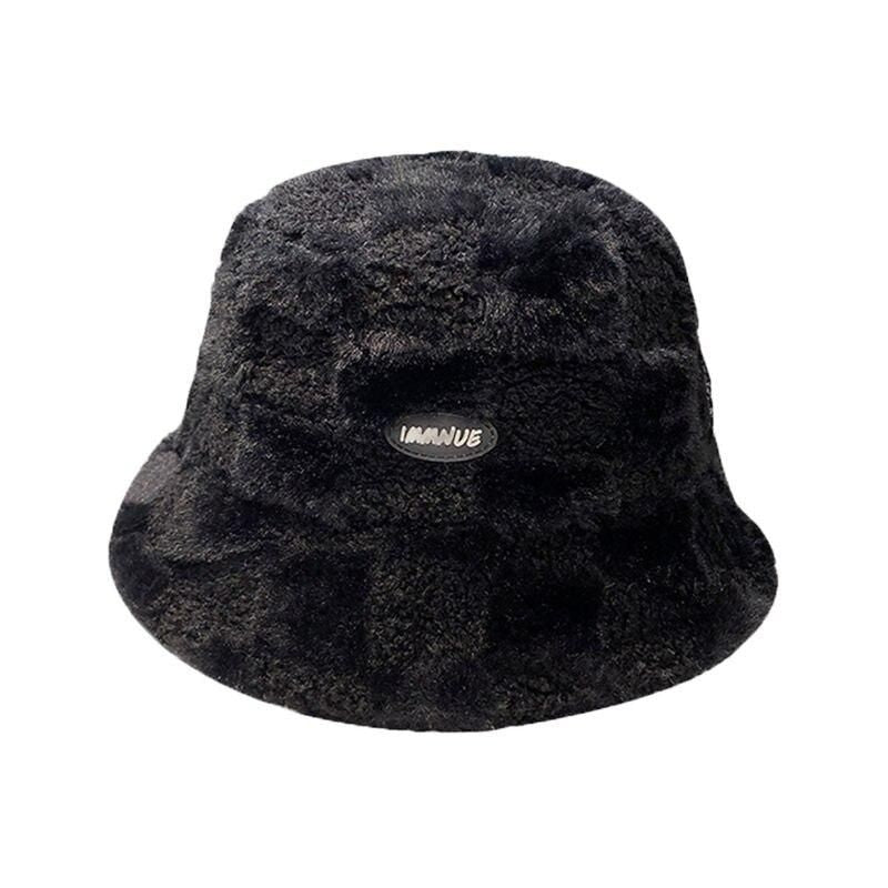 Chic Winter Warm Plaid Lamb Wool Bucket Hat for Women