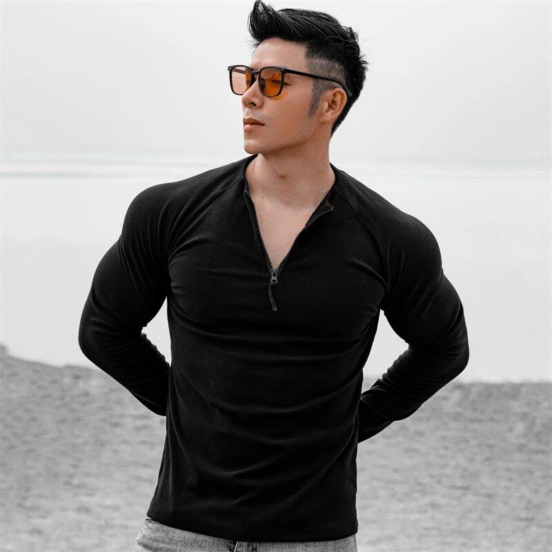 Men's Long Sleeve Slim Fit Sports T-Shirt with Zipper Neckline