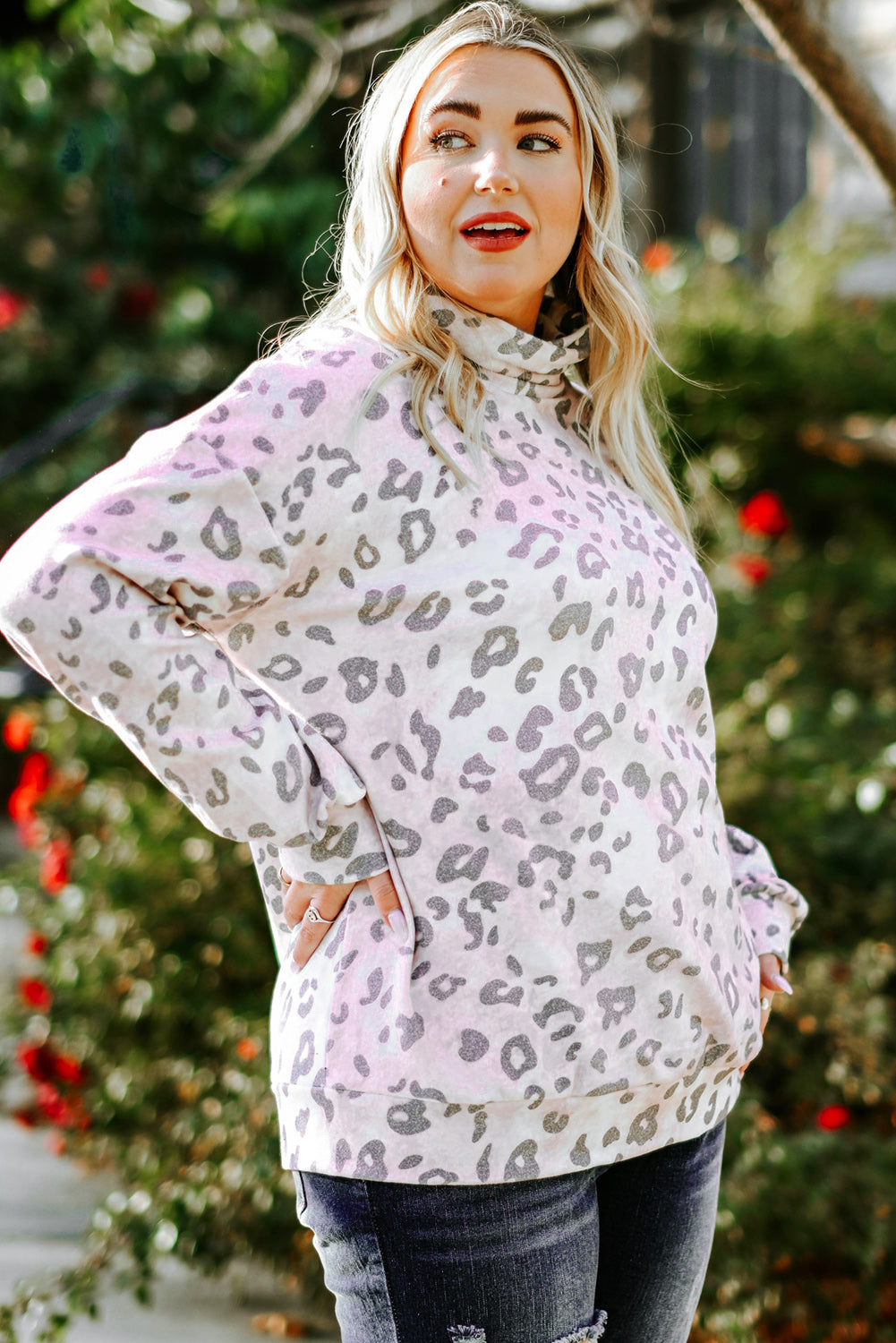 Plus Size Leopard Funnel Neck Sweatshirt