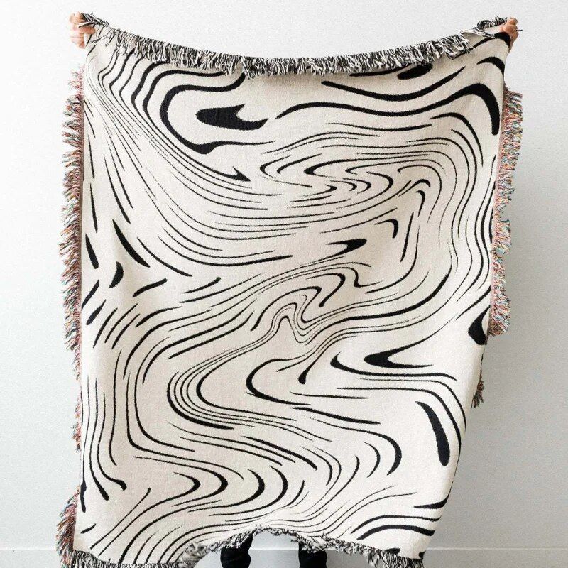 Luxurious Black Water Waves Cotton Tapestry Blanket for Home and Travel