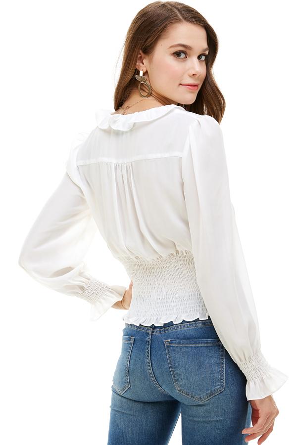 Ruffle Neck Smock Waist Long Sleeve Blouse