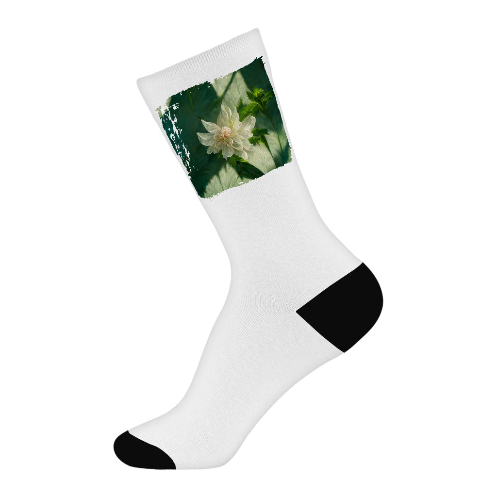 White Dahlia Flower Socks - Art Novelty Socks - Printed Crew Socks