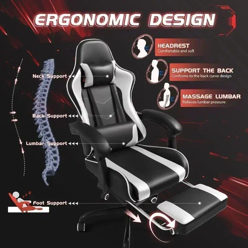 Ultimate Comfort PU Leather Gaming Chair with Massage Lumbar Support and Extendable Footrest