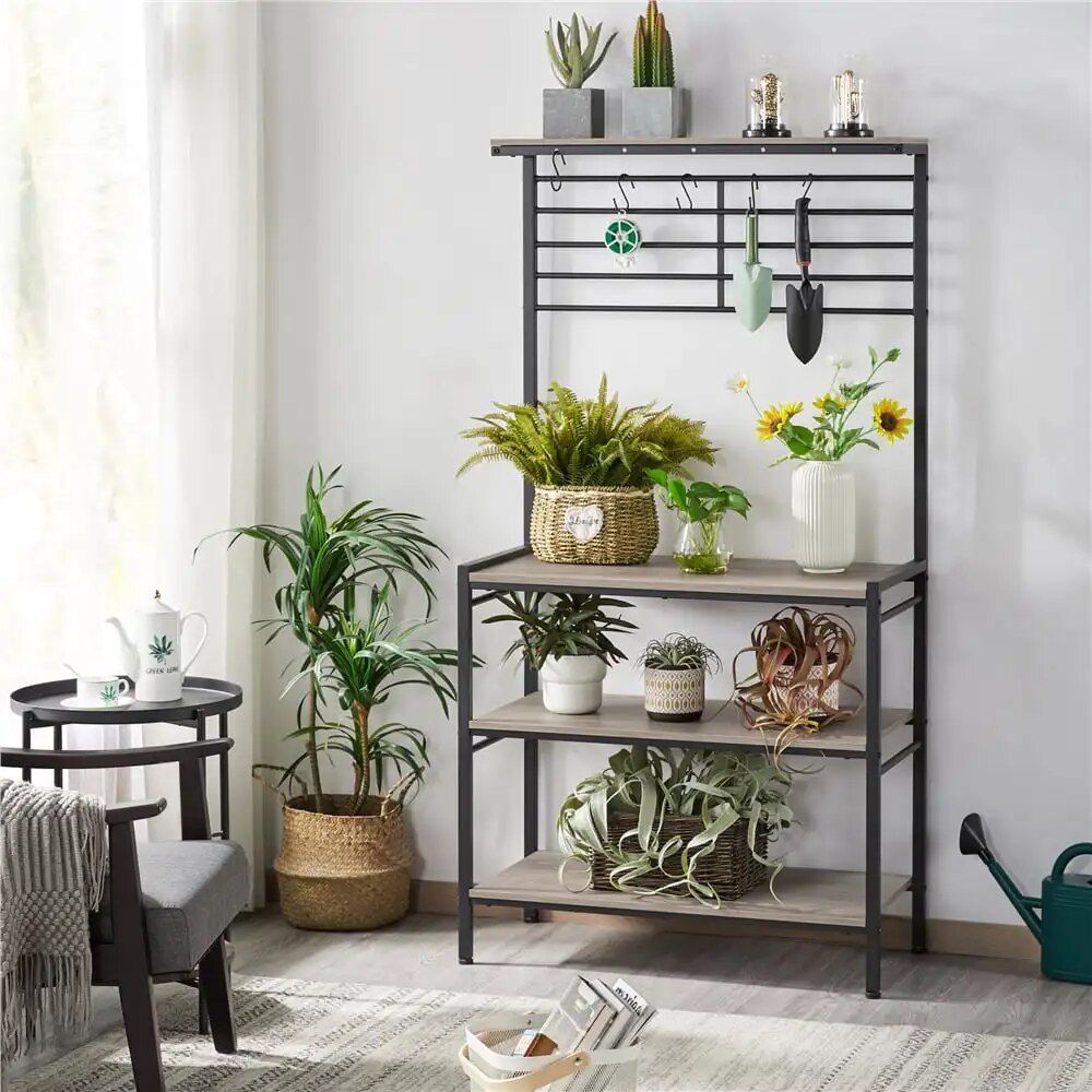 Modern Gray 4-Tier Baker's Rack with Hooks