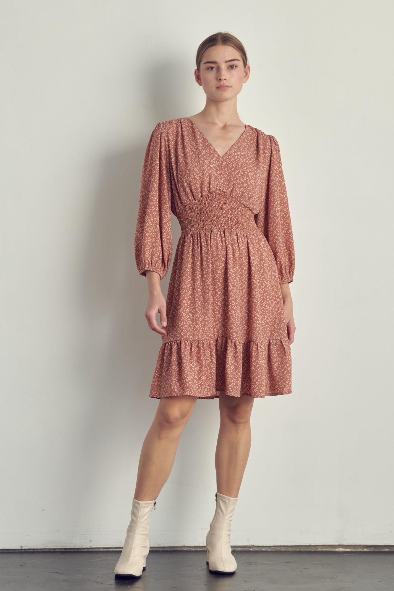 V-neck smocked waisted long sleeve dress