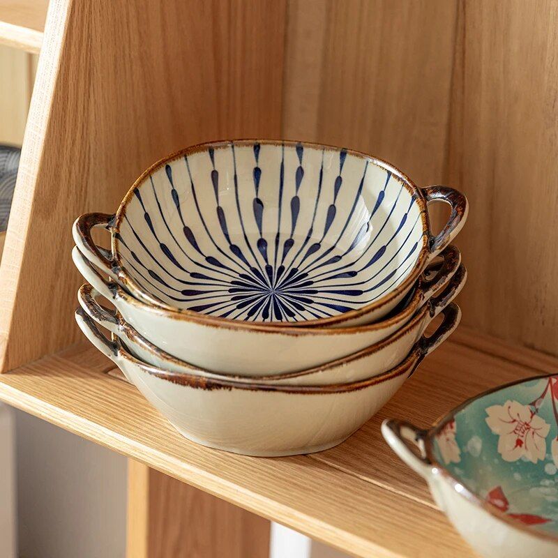 Elegant Floral Ceramic Soup and Salad Bowl with Handle