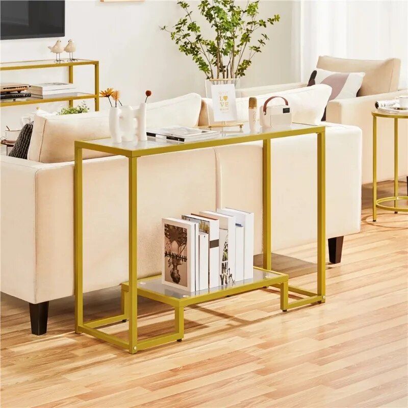 Gold-Tone 2-Layer Tempered Glass Console Table with Metal Frame for Versatile Use